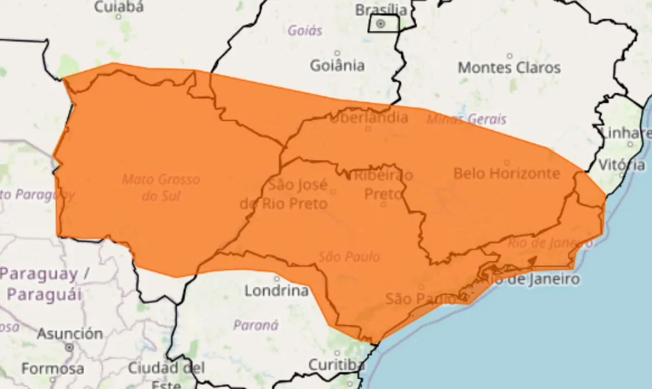 O mapa mostra &agrave;s &aacute;reas em alerta para chuva intensa e ventos em &aacute;reas do Sudeste e Centro-Oeste